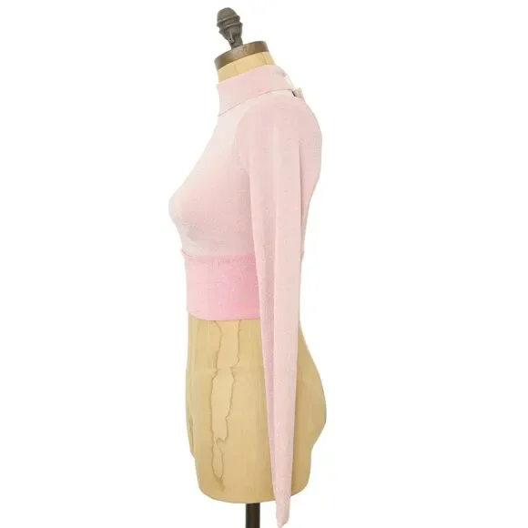 NAKED WARDROBE On The Glow Turtleneck Crop Top Size S Glitter Pink NWT B69 - Picture 5 of 6